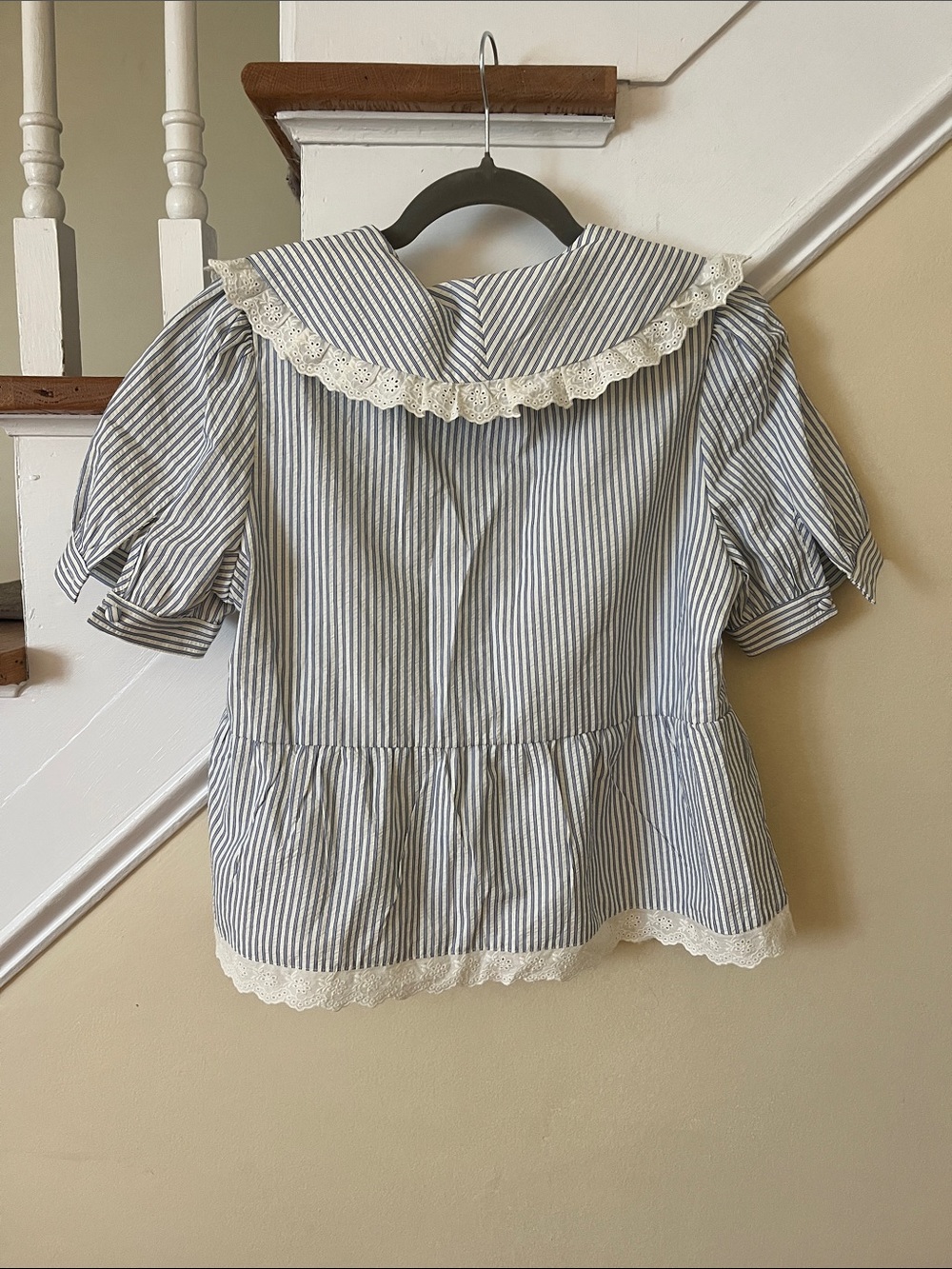 Bailey rose Women’s Blue Stripe Lace-Trim Blouse - Picture 7 of 7